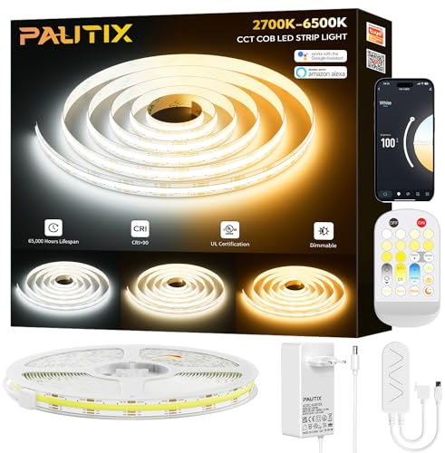 PAUTIX Striscia LED COB CCT 24V 5M,Dimmerabile 2700K-6500K LED Strip Compatibile con Alexa/Google Assistant/Tuya APP,640LEDs/m Strisce LED Tagliabili Flessibili per Cucina,Camera e Abitazione Decor