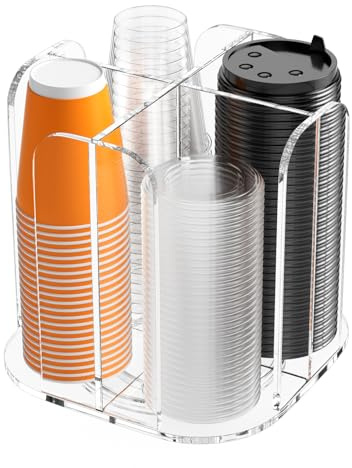 Beego Rotatable 4-Compartment Acrylic Cup Dispenser - Coffee Station Cup and Lid Carousel Countertop Plastic Cup Holder for Restaurant Breakroom Coffee Bar