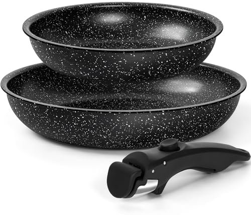 MICHELANGELO Ensemble de poêles à frire antiadhésives avec poignée amovible, 20 cm, 26 cm, poêle à frire en granit, sans PFOA, passe au four, noir