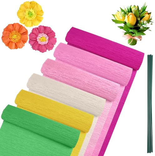 6 Rouleaux Papier Crepon Rose, Papier Crépon Bande Papier Crépon de Couleur, Ruban Crépon avec Fil Vert, Attaches pour Décoration d’Anniversaires Mariages Fêtes Décoration de Noël