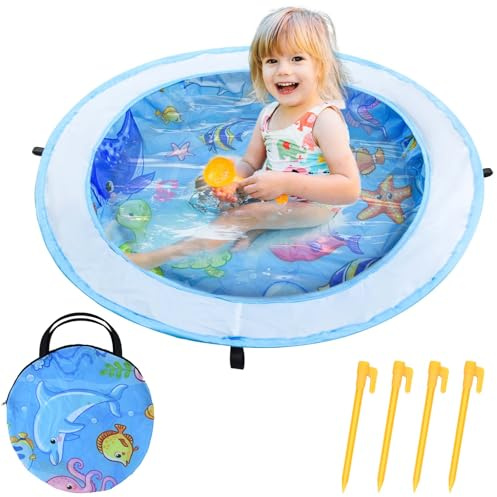 Pop up Baby Beach Pool, Dia 39 Portable Kids Puddle Pool Toddler Sand Pit Paddling Pools Blue Cartoon Childs Kiddie Beach Play Pools with Water Bag and Stake for Boys Girls Outdoor Camping Traveling