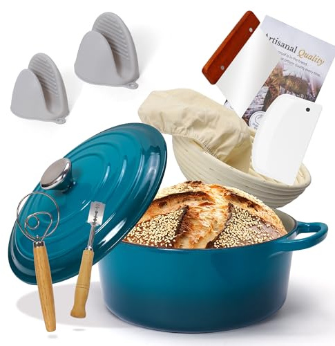 Enameled Cast Iron Dutch Oven with Proofing Basket, Non-Stick Ovenproof Casserole Pot, Teal Dutch Oven for Braising, Stews, Roasting & Bread Baking 5Litres-26cm