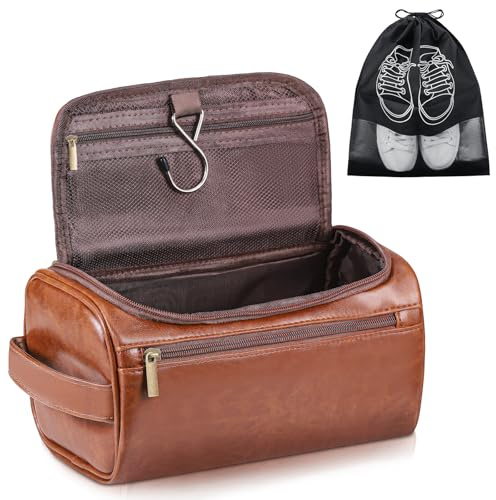 Zocipro Neceser de Aseo Hombre en Cuero PU Marrón, Bolsa de Aseo con 3 Compartimentos, Neceser de Viaje con Gancho y Asa para Viajes, Gimnasio y Afeitado