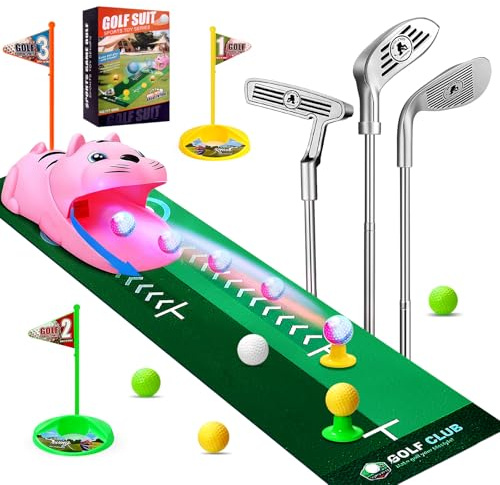 Cofvetia Kids Toy Golf Set with Automatic Golf Returner, White Golf Balls have Led Light Up Night, 3 Clubs, Putting Mat 3-8 Toddler Mini Golf Games, Indoor Outdoor Sports Toys for Boys Girls (Pink)