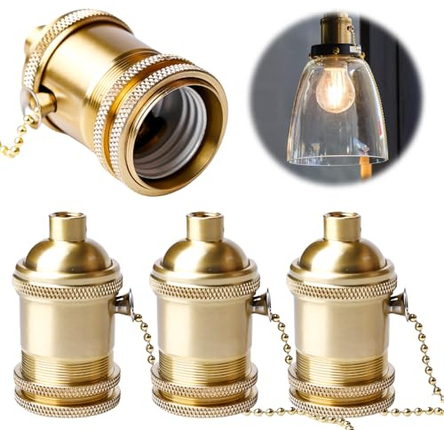 4 Stück Vintage Lampenfassung E27, Aluminium und Keramik Deckenfassung mit Zugkette, E27 Sockel für DIY Edison Pendelleuchte Hängelampe Halter Zubehör, Gold Bronze