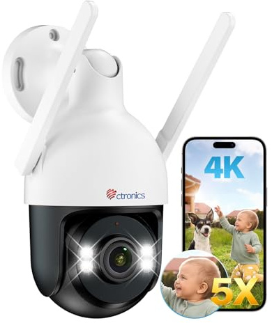 Ctronics 4K 5X Zoom Ottico Telecamera Wi-Fi Esterno, Metallo IP Videocamera 2.4/5GHz, Rilevamento Persone/Veicoli/Animali/Auto Track, 50M Visione Notturna a Colori, FTP/NVR, 256GB TF/Cloud/PC, IP66