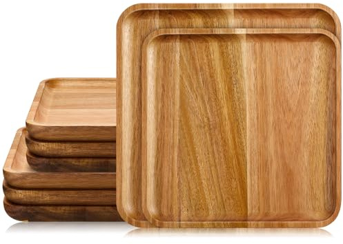 Didaey 6 Pcs Acacia Wood Square Plates 8'' 10 Wooden Plates Serving Trays for Meal Dishes Snack Dessert Easy Cleaning and Lightweight, Not Dishwasher