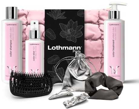 Lothmann Paris Coffret Soin Cheveux Colorés, Set United Color avec Shampooing, Soin, Elixir, Brosse Curve, Barrette et Chouchou dans Trousse Rose