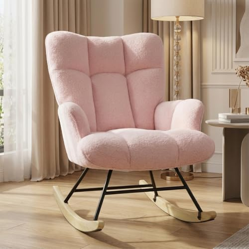 Alivio Comfortable Rocking Chair, Teddy Rocking Arm Chair for Nursery with High Backrest for Living Room Bedroom Balcony (Pink)
