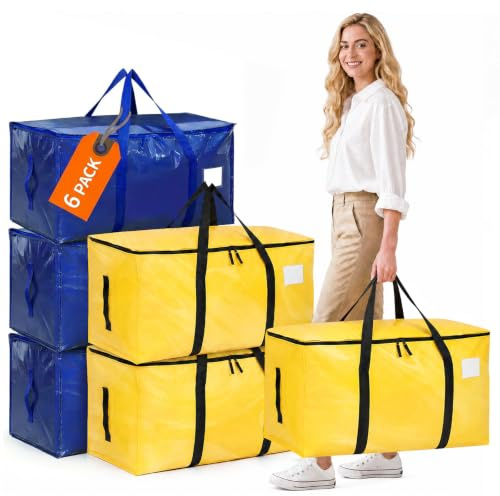 6 Pack Large Storage Bags and Moving Bags - 90L Heavy Duty Packing Bags Alternative to Moving Boxes, Reinforced Handles & Dual Zips, Multi Purpose for Bedding, Clothes, Toys & Christmas Decorations