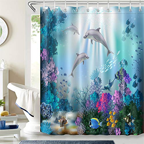 LB 150x180cm Duschvorhang Lustige Delfin Fisch Bunte Korallen im Blau Meer Polyester Wasserdicht Antischimmel Badezimmer Vorhänge mit 10 Haken,Unterwasserwelt für Kinder