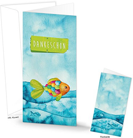 Tackkort maritima regnbåge fisk kort med text DANKE blå turkos orange rosa grön med kuvert - Kommunion dop födelsedag firmation barnkalas fest fest fest hårt hårt hårt hårt hårt hårt kuvert 15 Stück