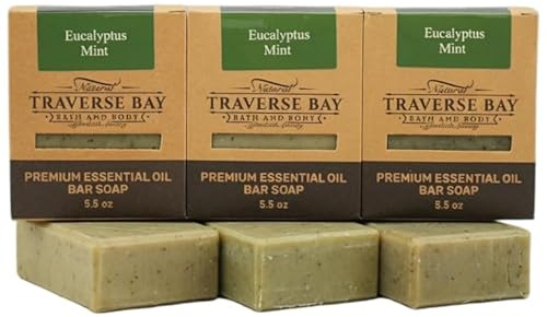 Traverse Bay Bath and Body- All natural handmade cold process bar soap, Eucalyptus and Peppermint, made in the USA, essential oils. 3 bar pack 15 + oz. For men and women, face and body. (1)