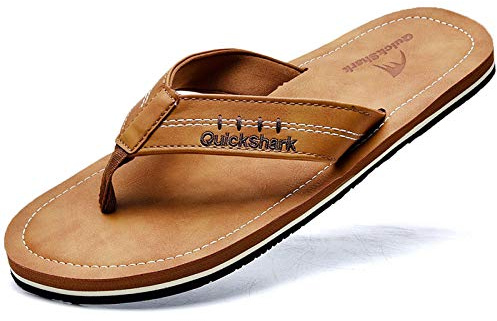 Quickshark Mens Flip Flops Leather Sandals Lightweight Beach Slippers Arch Support AKhaki Size 9