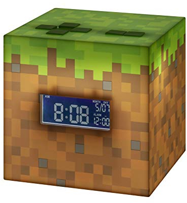 Minecraft Grasblock Digitaler Wecker - Offiziell lizenziert, Leuchte, spielt offizielle Spielmusik, Schlafzimmerdeko für Minecraft-Gamer, 13 x 13