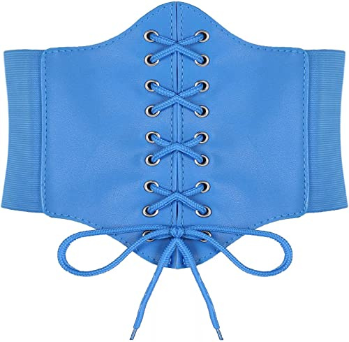 Hoerev Mujeres Niñas Elástico Banda Ancha Elástico Atado Waspie Corsé Cinturón de cintura，Azul con botón，XS