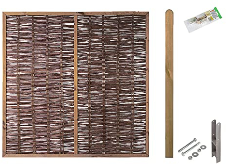 Sichtschutz Weide Premium | Erweiterungsset mit Montagematerial & 1 STK. Sichtschutz-Zaun 180x180 cm & 1 Pfosten (braun) 9x9x190 cm | ca. 1,89 lfdm. | Gartenzaun | Weidenzaun | Zaunelement | Zaunfeld
