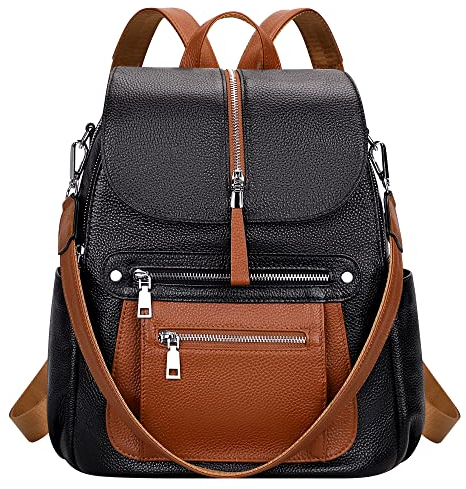 ALTOSY Echtleder Rucksack Damen Freizeit Daypack City Rucksäcke Elegant mit Viele Fächern (Schwarz Braun)