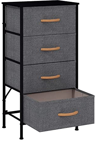KU Syang Dresser with 4 Drawers - Fabric Chest of Drawers with Large Storage Space, Modern Tall Tower Unit Storage Organiser for Living Room/Bedroom, Wooden Top and Metal Frame (Black/Grey)