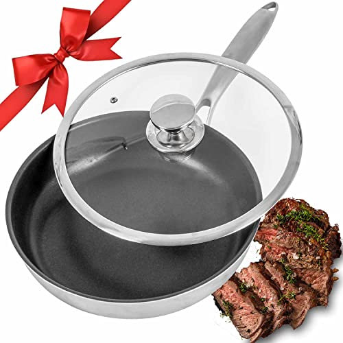 AUDANNE Padella antiaderente con coperchio, 25,4 cm antiaderente in acciaio inox con manico, senza PFOA, rivestimento antiaderente in teflon per cottura a induzione, colore nero, 25,4 cm