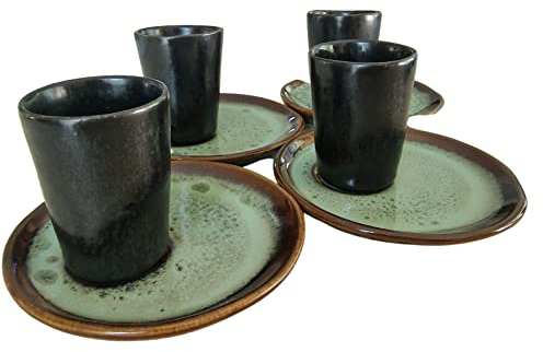 PintoCer - Juego de Tazas para Café Espresso en Ceramica de Gres sin Asa (Negro/Verde, 4)