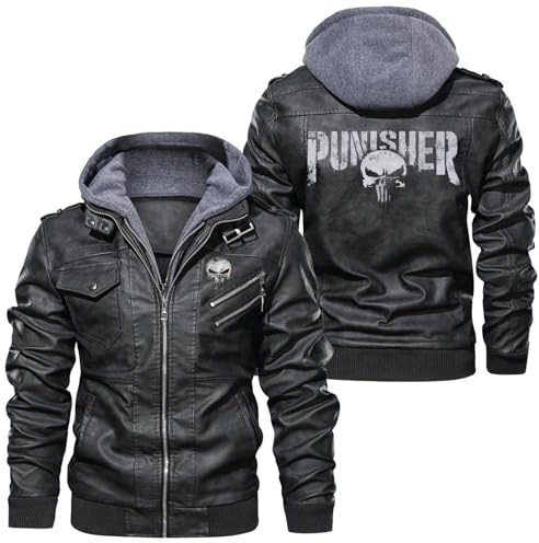 WERUN Giubbotti Invernali Uomo Pun.Ish-er, Giacca di Pelle Zip con Cappuccio Rimovibile, Classics Jacket da Pilota con Stampa Autunnale-Black||XL