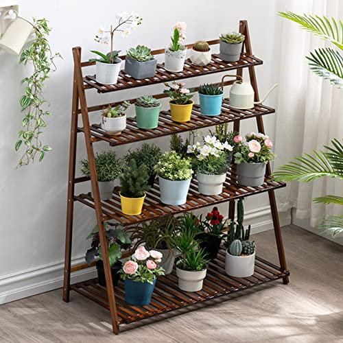 Plant Stand 4 Tier Ladder Plant Shelves, Folding Flower Pot Holder Garden Display Shelf 4 Colors Flower Pot Stands Bamboo Holder Planter Display Shelf for Home Garden Patio Balcony Étagère À Plantes
