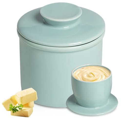 WIYETY Beurrier en Céramique Français Refroidi à l'Eau Avec Ligne d'Eau et Couvercle - Conserve le Beurre Frais, Doux et Prêt à Être Consommé