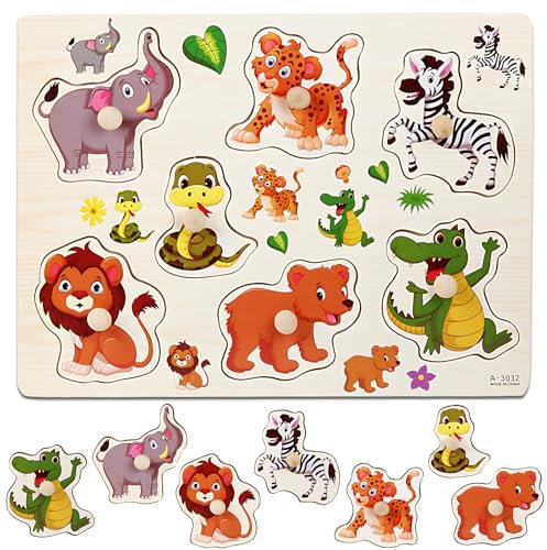 Steckpuzzle Bauernhof Holzspielzeug Kinder, Greifpuzzle Cartoon Tiermuster Lernspielzeug Kinderpuzzle Montessori Spielzeug ab 1, 2 3 Jahre Steckpuzzle für Jungen und Mädchen