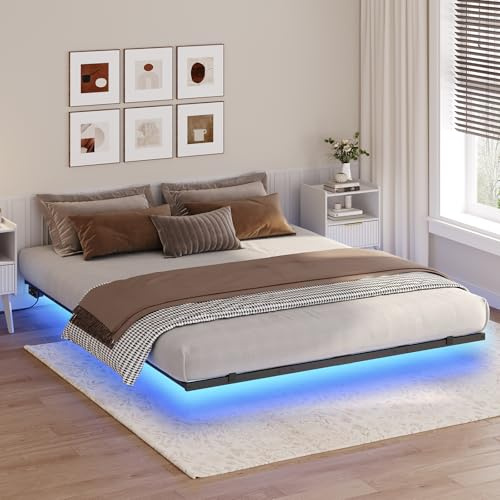 MAHANCRIS Somier de 160 x 200 cm, Somier con Compartimento de Almacenaje, Estructura Metálica, Base de Carga y Luz LED, Silencioso, No Requiere Colchón de Muelles, Negro 666ABFHN638UE01