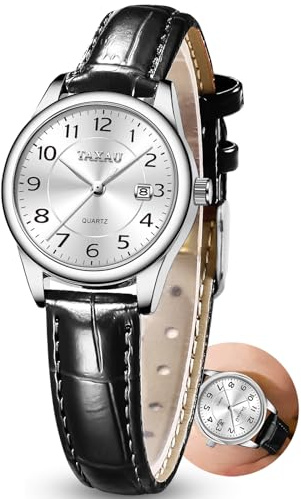 Taxau Klassische Damenuhr Lederarmband Analog–Lederarmband Schwarz & Weißes Zifferblatt Luxu Gut Lesbar, 26g Ultraleicht,Zeitloser Alltagsbegleiter & Geschenk für Frauen,Wasserdicht Damenarmbanduhren