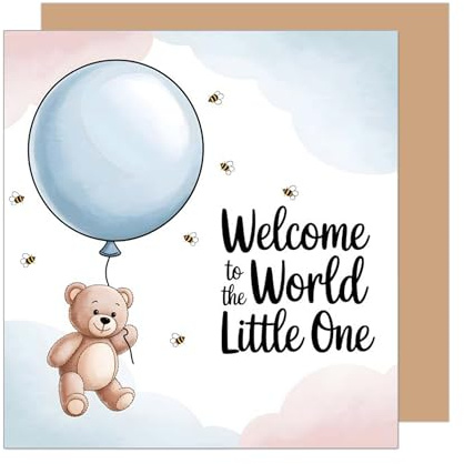Edition Seidel Tarjeta de felicitación de nacimiento cuadrada con sobre, tarjeta de felicitación para bebé con texto en inglés Welcome Baby Kid Boy Girl Teddy Globo (EQ130 SW025)