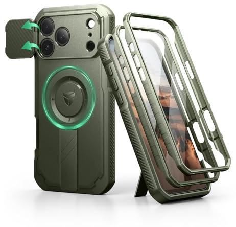 Dexnor per Magnetica Cover iPhone 17 Pro Max con Fotocamera Copertura Scorrevole & Supporto Pieghevole & Protezione Schermo Integrata, Resistente Robuste Protezione Custodie - Verde Militare