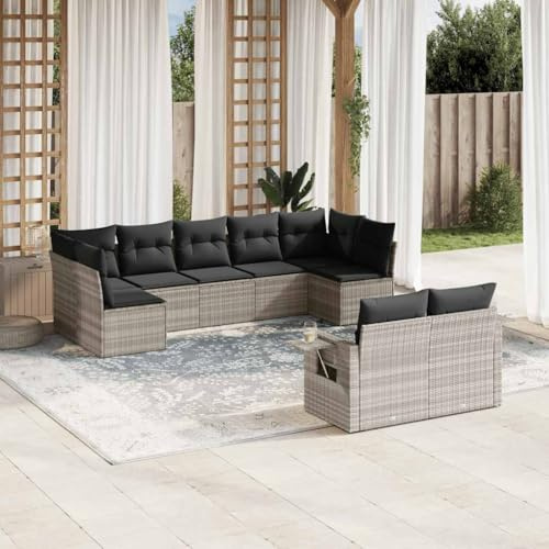 Ensemble de 9 meubles de jardin en polyrotin gris clair avec coussins - Groupe de sièges d'extérieur modulaires pour terrasse, balcon, cour - Résistant aux UV