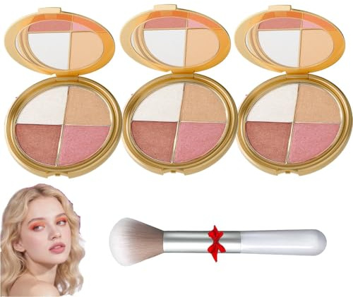 Glowjiu Glow Gallery Highlighting Eye & Cheek Palette,Metallic Shimmer Eye & Cheek Palette,Eyeshadow And Highlighter Makeup,Makeup Palettes Contour Kit, 4-In-1 Highlight Shades Makeup for Blush (3Set)