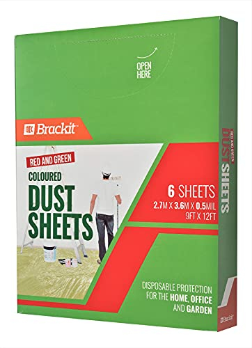 Brackit Plastic Disposable Dust Sheets - 6-Pack 3.6m x 2.7m (12x9ft) - Dustproof & Waterproof Polythene Sheets for Decorating - Red & Green Colour Drop Cloth