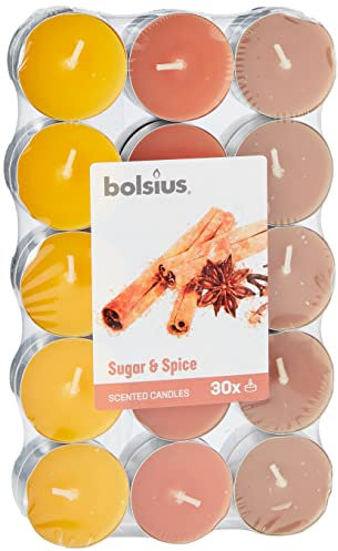 Bolsius - 30 Duft theelichter - Zucker und Gewürz - Brenndauer von 4 Stunden - Durchmesser 38 mm – Natürliche Extrakte – Enthält Veganes Wachs – Ohne Palmöl
