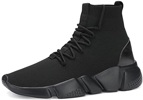 Santiro Walking Shoes for Men Lightweight High Top Sneakers Breathable Knit Athletic Running Shoes Fashion Gym Sports Shoes, All Black, 12