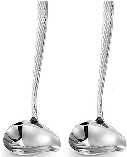 KEAWELL Louis Hammered 18/10 Stainless Steel Sauce Ladle With Pouring Spout, Great small sauce spoon for gravies and dressings, 7.4 Inch, Dishwasher Safe (2)