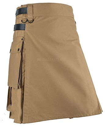 Tartan Utility Kilts för män Tartan Kilt med läderremmar och stora lastfickor (khaki, XL)