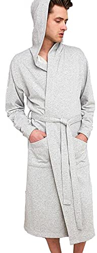 HOLOVE Mens Lightweight Cotton Hooded Robes with Pockets Summer Bathrobe Soft Sleepwear for men (Light Gary L/XL)