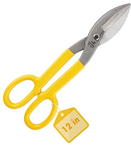 DOWELL 12” Tin Snips Metal Cutters with Flat Blade, with Comfortable Yellow Rubber Handle for DIY Handyman,Roofers, Mechanics, Homeowners