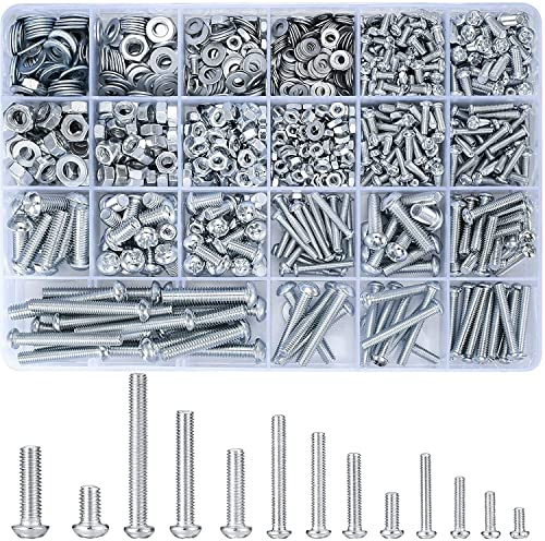 wugongshan 1080 Pcs Screws Bolts and Nuts Assortment Kit, Metric Machine Screws and Nuts and Flat Washers, M3/M4/M5/M6 Cross Slotted Round Head Bolts Sets (C)