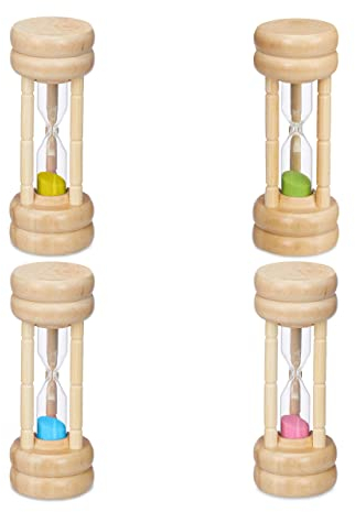 Relaxdays Sanduhren Set, 4-teilig, Kurzzeituhr, 4 Laufzeiten, HxD: 10 x 4 cm, Kinder Zahnputztimer, Eieruhr Sand, bunt