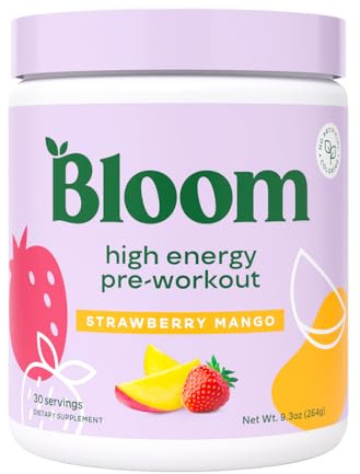 Bloom Nutrition High Energy Pre Workout with Beta Alanine, Ginseng and L Tyrosine for Amino Energy, Natural Caffeine Powder from Green Tea Extract, Keto, Sugar Free Drink Mix, Strawberry Mango