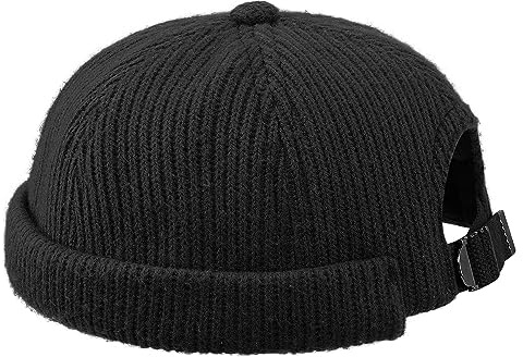 Clakllie Unisex Beanie Docker Leon Cap Cotton Brimless Skullcap Hat Rolled Cuff Retro Harbour Hats Fashion Adjustable Worker Sailor Caps Outdoor Casual Cap for Men Women,DBH04-Black