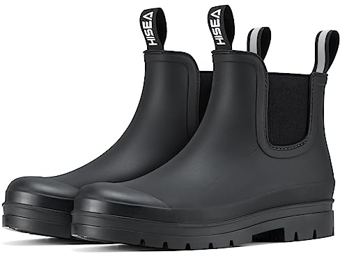 HISEA Women's Short Rain Boots Fashion Waterproof Chelsea Boots Ankle Garden Shoes for Ladies Non Slip Outdoor Work Booties Lightweight Rubber Rainboots with Comfort Insole, Size 7.5 Black