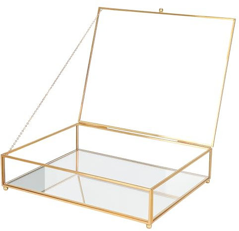 REDHUGO Stora glaslådor för visning handgjorda, speglad botten, smyckeskrin i glas med lock, smyckeskrin i glas bok fotolåda minnessak organisatör, glasdisplayfodral för sminkbordsdekor, hembyrå, guld