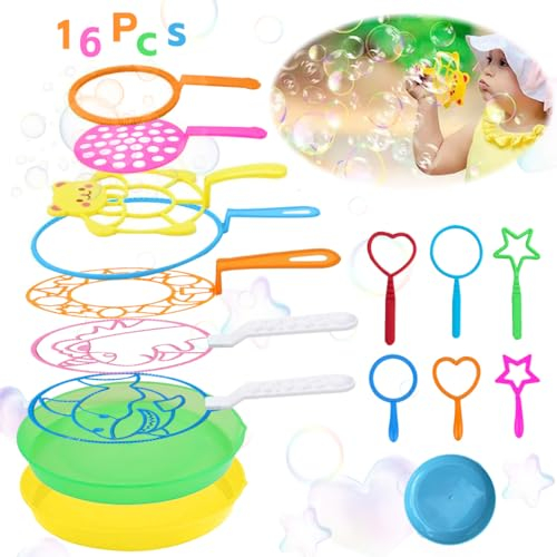 Seifenblasen Set für Kinder, 16 Stück Einstellen Seifenblasen, Seifenblasen Blase Zauberstab, Seifenblasen Blasringe, Seifenblasen Stäbe, Bubble Maker Spiele für Indoor und Outdoor