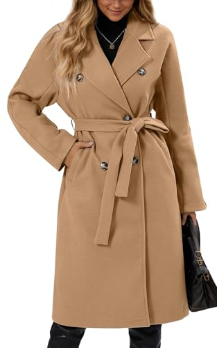 Maeau - Femme Long Manteau en Tweed avec Ceinture Double Boutonnage Veste Longue Chaud Élégant Automne Hiver Blazer Trench-coat Col Revers Casual - Kaki - M
